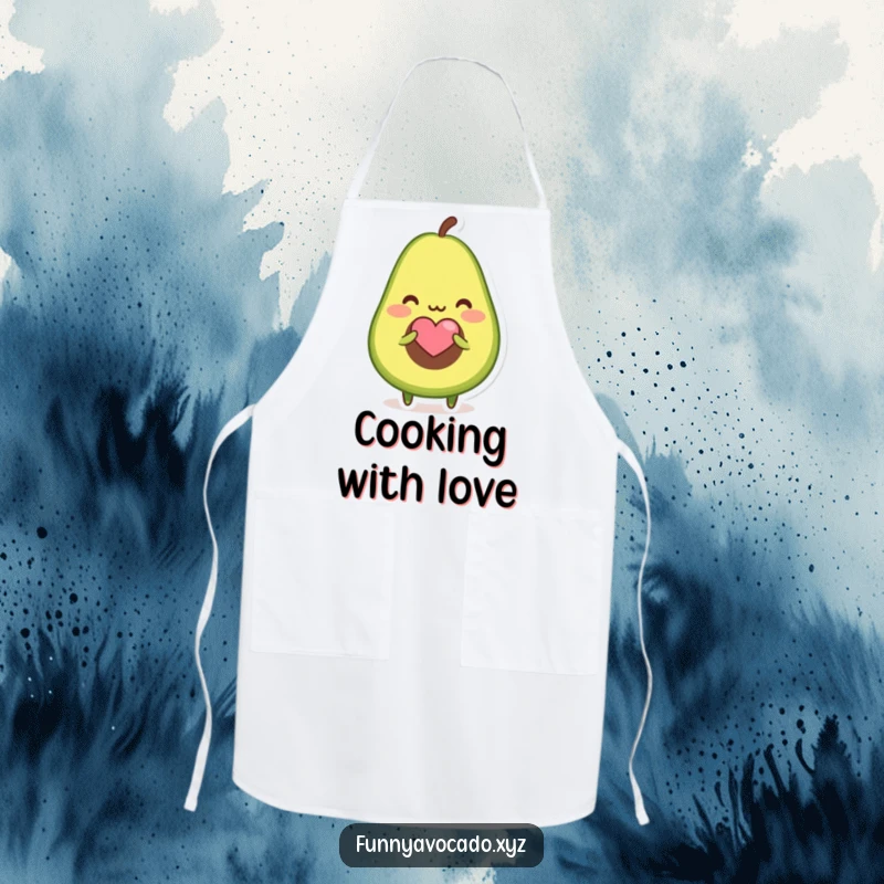 Funny apron showcasing a blushing avocado character offering a tiny heart-shaped seed, perfect for a sweet kitchen.