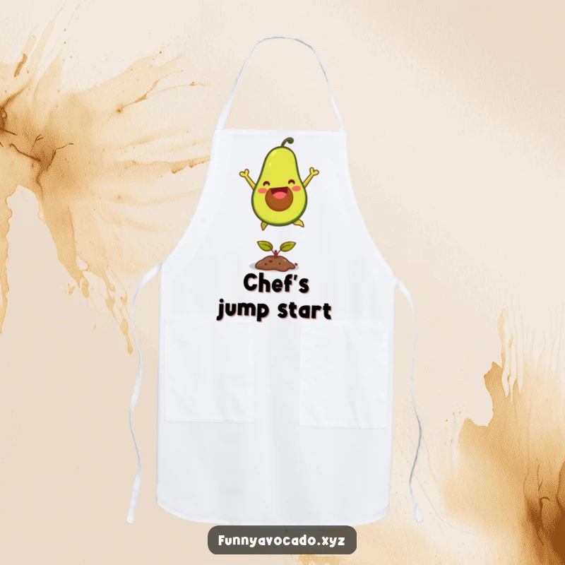 Funny joyful avocado apron, smiling brightly while leaping over a tiny seedling, a humorous and practical kitchen accessory.