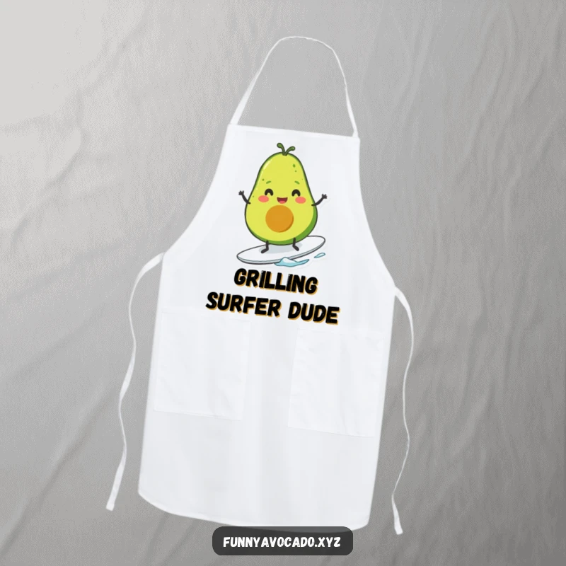 Funny avocado character with tiny legs surfing with glee, durable and washable apron for kitchen humor.