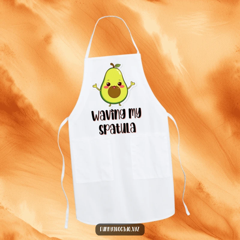 Funny avocado with tiny arms waving excitedly, a durable and washable apron for kitchen humor.