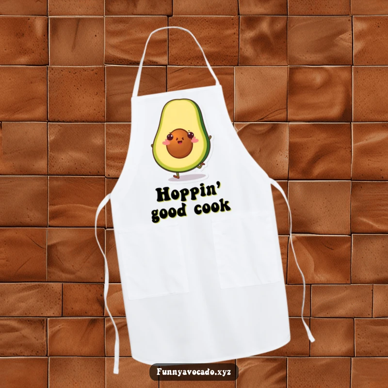 Funny avocado slice character doing a little hop, a durable and washable apron for kitchen humor.