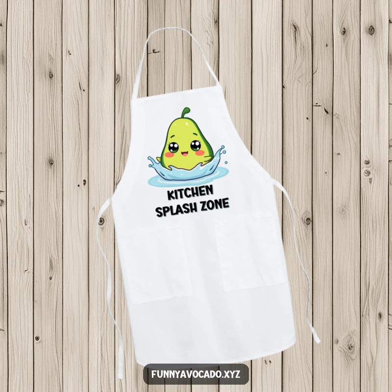 Funny avocado with wide googly eyes splashing happily, a durable and washable apron for kitchen humor.