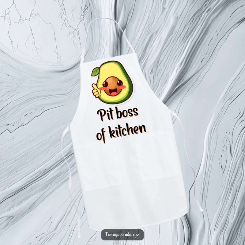 Funny cute avocado character apron, its pit giving a thumbs up, a humorous and practical kitchen accessory, ideal for a funny gift.