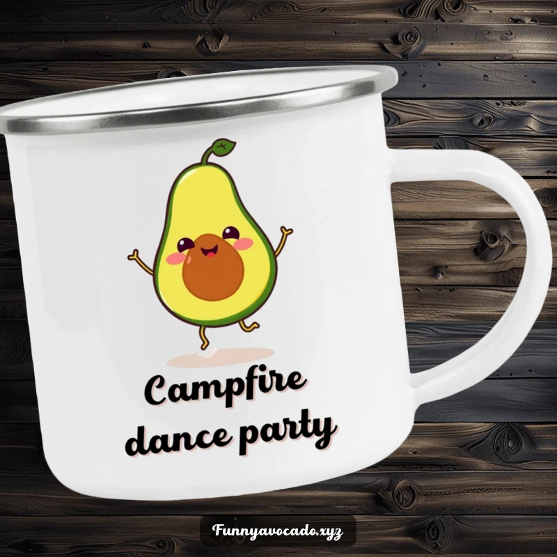 Funny Avocado Camping Mug: A cheerful avocado with tiny legs dancing, perfect for funny outdoor enthusiasts.