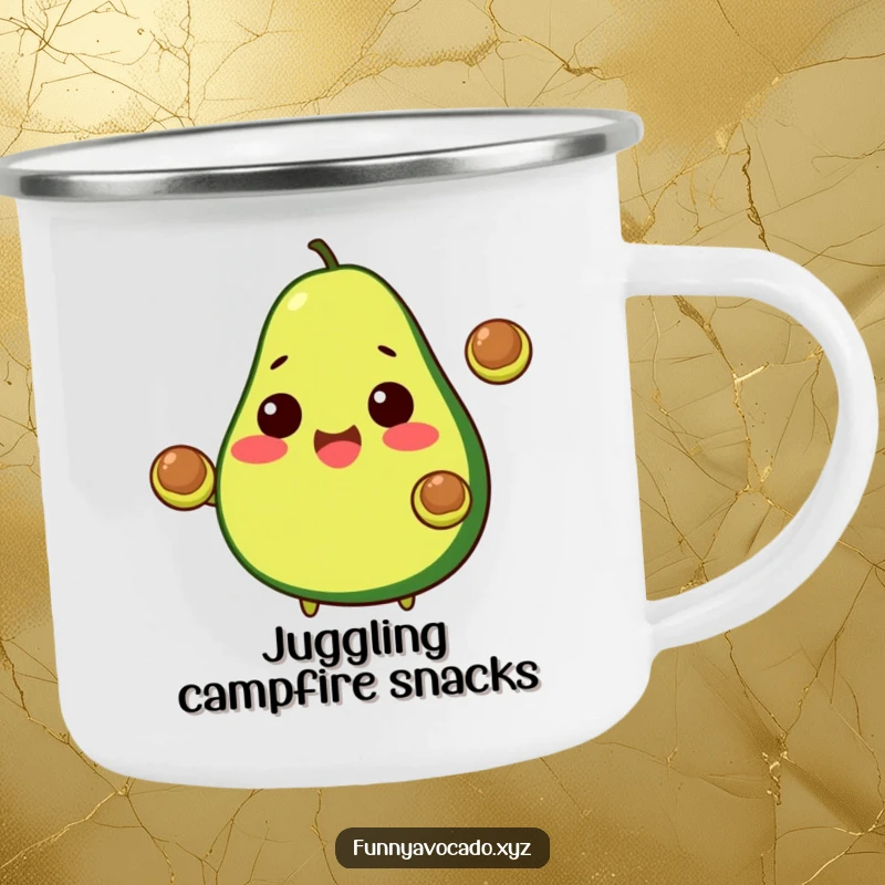 Funny Avocado Camping Mug: A cheerful avocado juggling two pits, perfect for funny outdoor enthusiasts.
