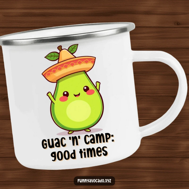 Funny avocado character balancing a sombrero on a durable camping mug, whimsical and rugged, perfect for outdoor humor and a funny gift.