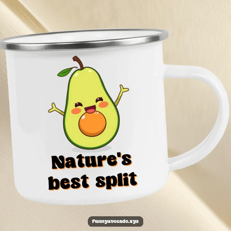 Funny excited avocado camping mug, ready for adventure, doing a happy split with a cheerful expression, durable and humorous.