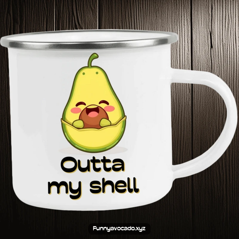 Funny camping mug with a giggling avocado character popping out of its peel like a jack-in-the-box, for outdoor laughs.