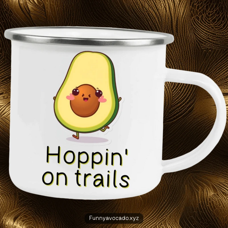 Funny avocado slice character doing a little hop, a durable camping mug for outdoor fun.