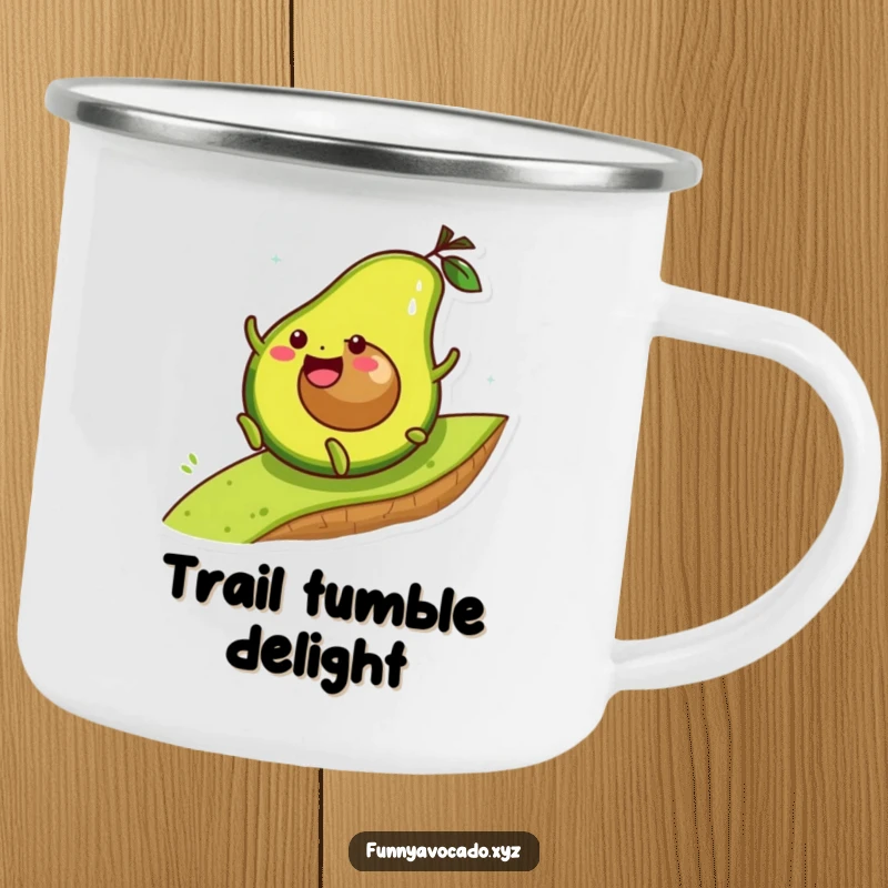 Funny avocado character joyfully rolling down a hill, a durable camping mug for outdoor fun.