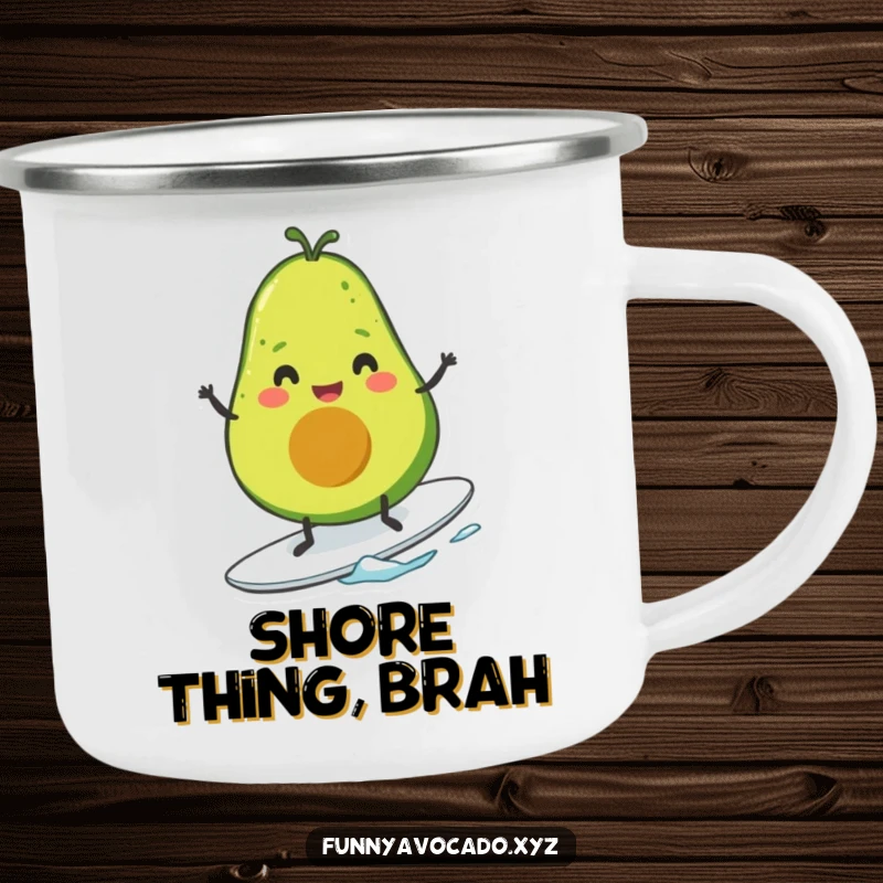 Funny avocado character with tiny legs joyfully surfing, a durable camping mug for outdoor enthusiasts.