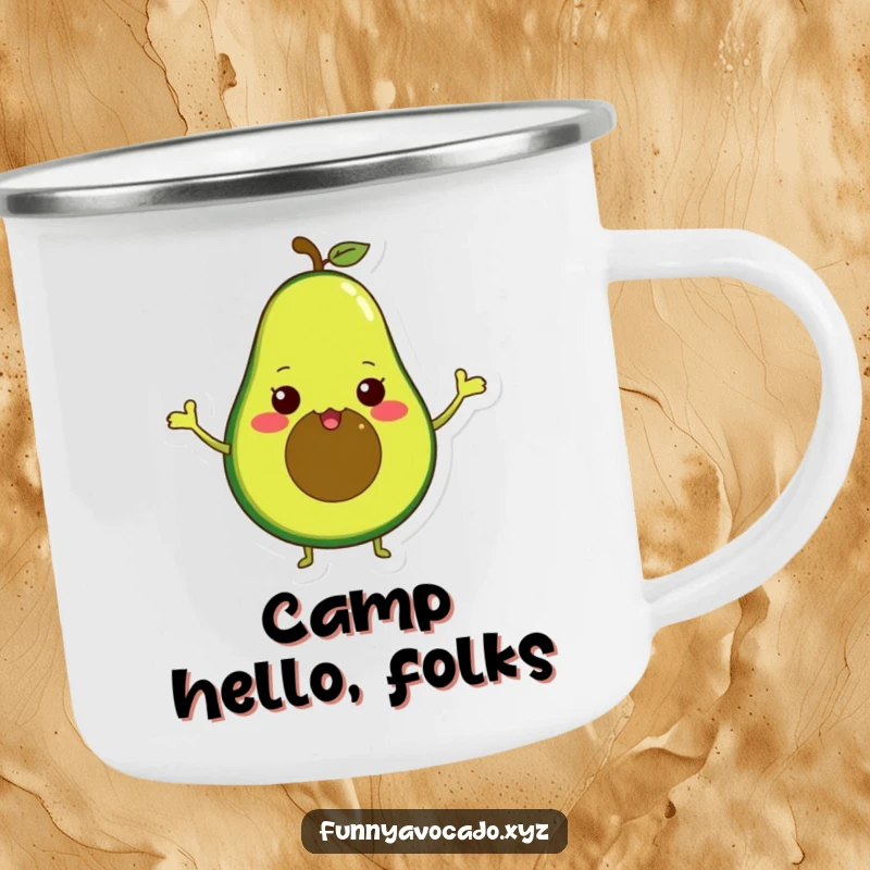 Funny avocado character with tiny arms waving enthusiastically, a durable camping mug for outdoor fun.