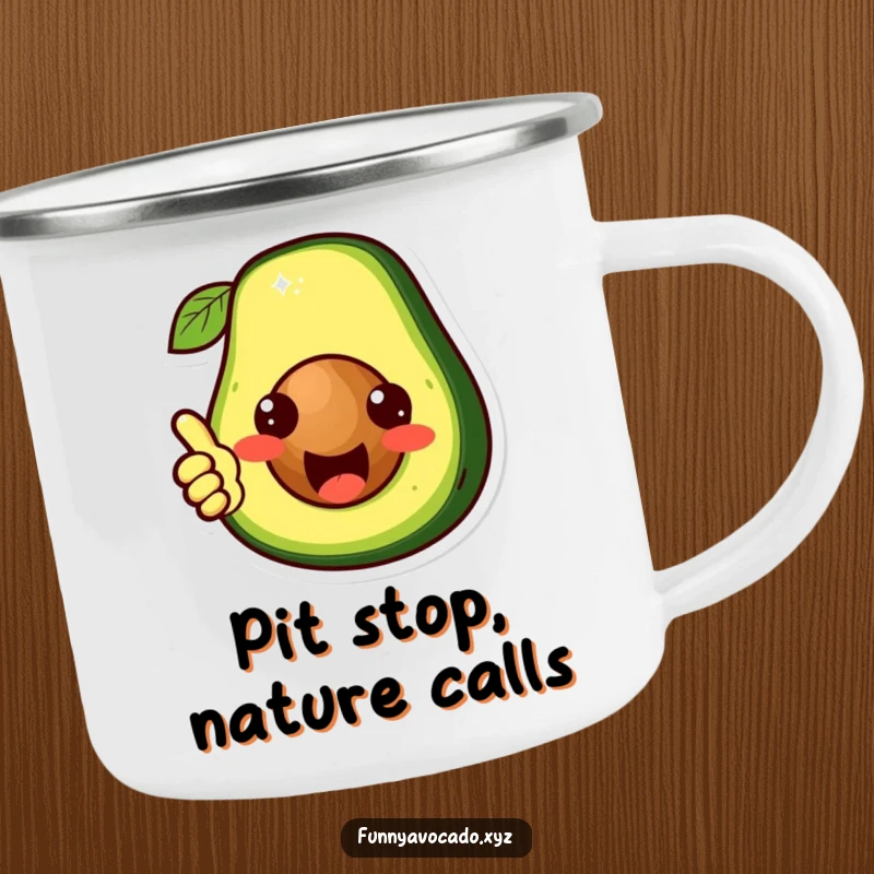Funny cute avocado character camping mug, its pit giving a thumbs up, rugged and humorous, perfect for outdoor positivity.