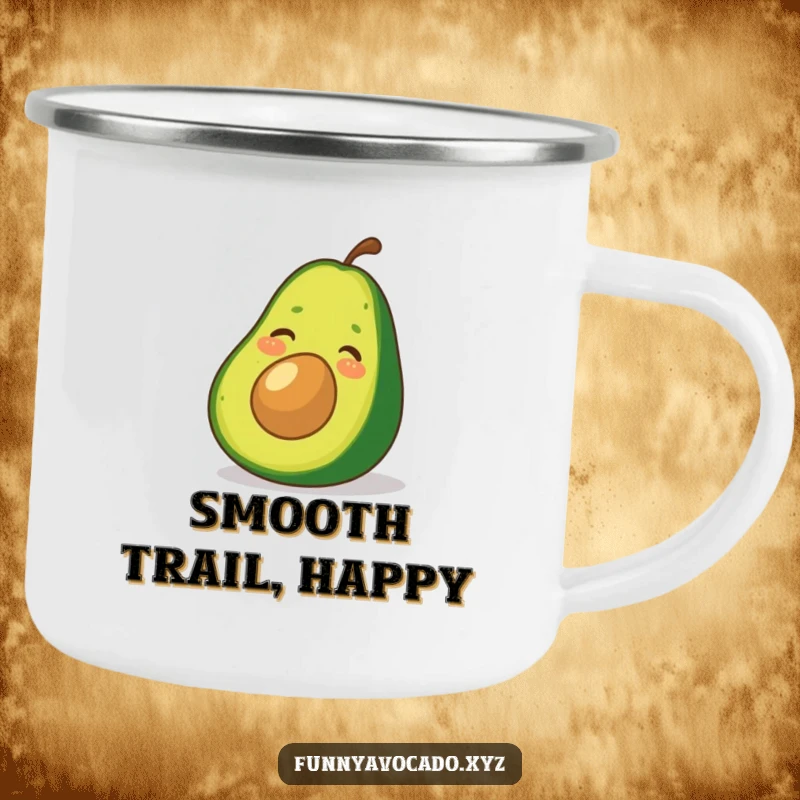 Funny Avocado Camping Mug: A giggling avocado sliding down a green peel, perfect for funny outdoor enthusiasts.