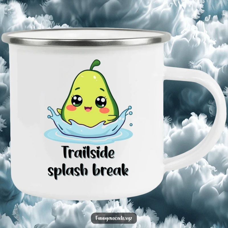 Funny avocado character with wide googly eyes splashing, a durable camping mug for outdoor enthusiasts.