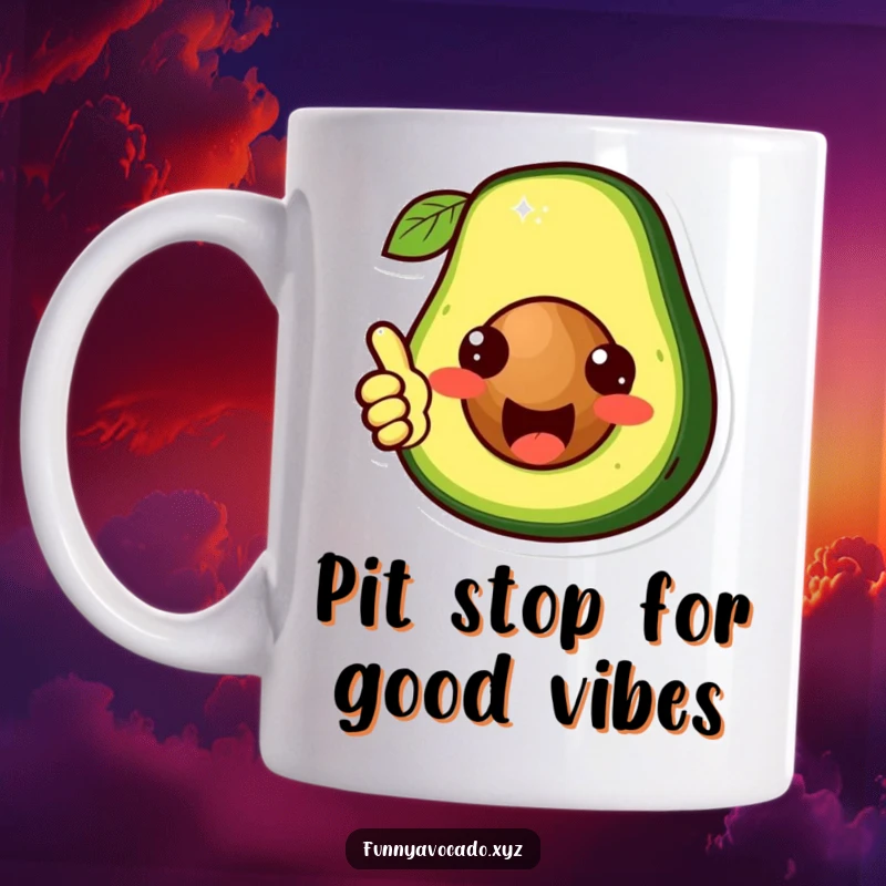 Funny cute avocado character mug, its pit prominently giving a thumbs up, radiating positivity and approval, a humorous gift.