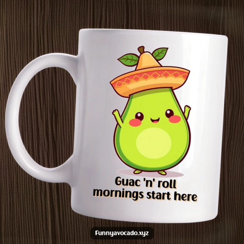 Funny avocado character in a mug, cheerfully balancing a tiny sombrero, exuding whimsical party vibes and pure avocado joy.
