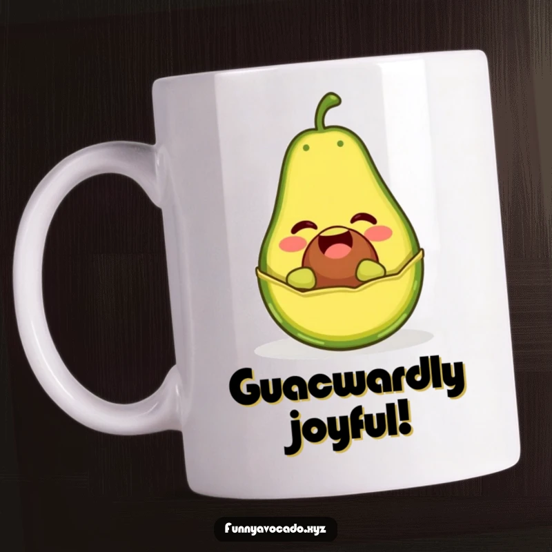 Funny mug with a giggling avocado character popping out of its peel like a jack-in-the-box, full of surprise.