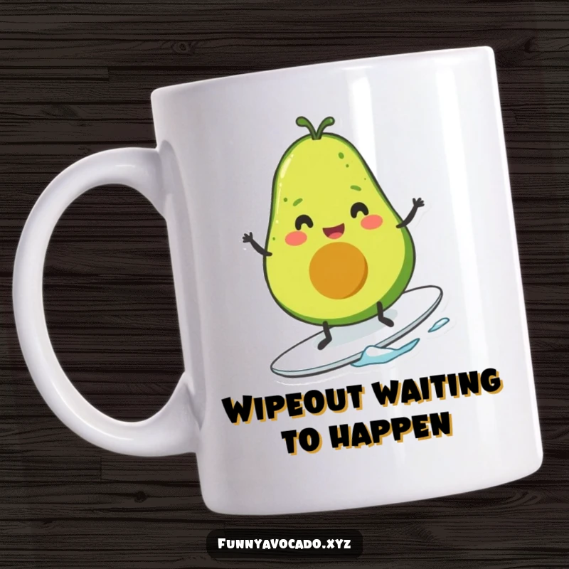 Funny surfing avocado character with tiny legs joyfully riding a wave, designed for beach lovers and humor seekers.