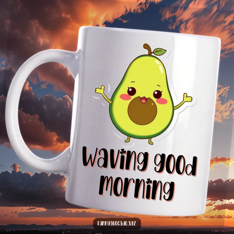 Funny whimsical avocado character with very tiny arms waving enthusiastically, a cheerful and cute mug design.