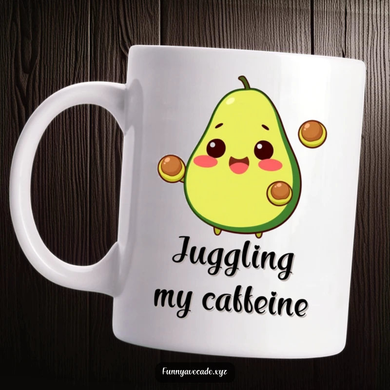 Funny Avocado Mug: A cheerful avocado happily juggling two small pits, showcasing skill and humor.