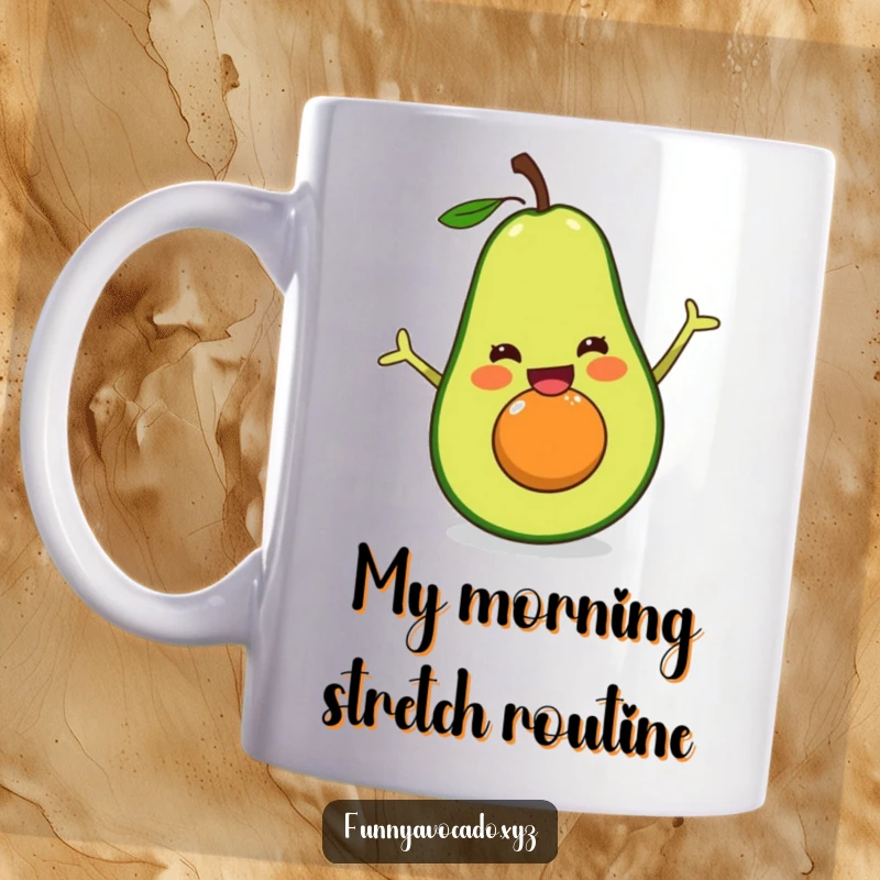 Funny avocado mug, excitedly performing a splits pose with a wide, joyful grin, a humorous and energetic kitchenware gift.