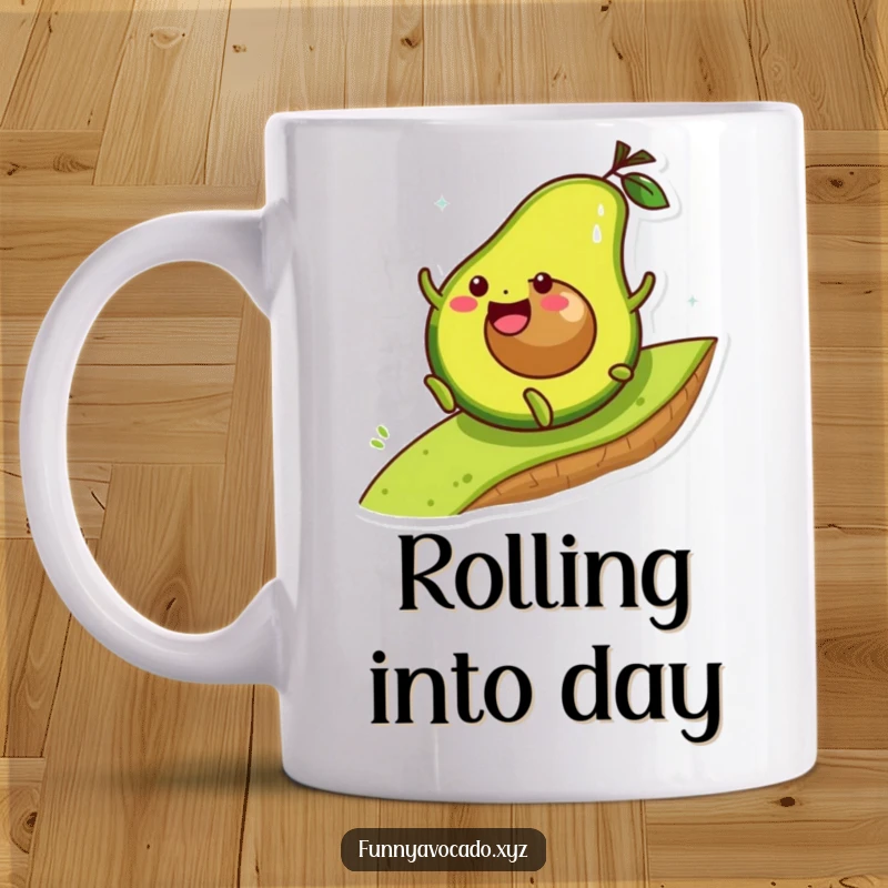 Funny joyful avocado character gleefully rolling down a grassy hill, a humorous and energetic mug design.