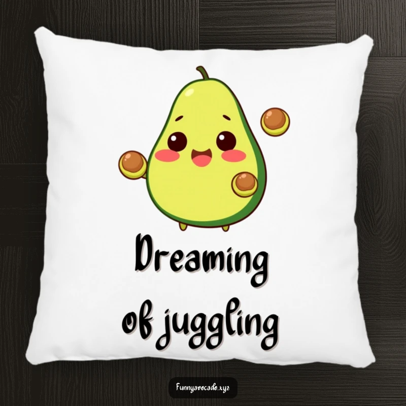 Funny Avocado Pillow: A soft pillow showcasing a cheerful avocado juggling two pits, a humorous and comfortable addition.