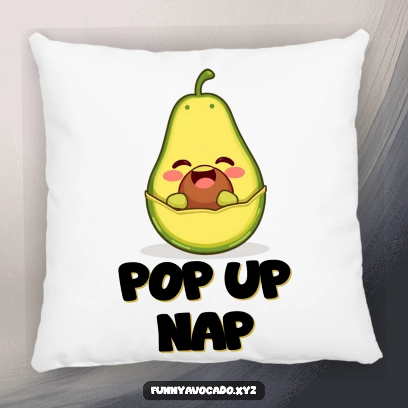 Funny pillow featuring a giggling avocado character popping out of its peel like a jack-in-the-box, for cozy laughs.