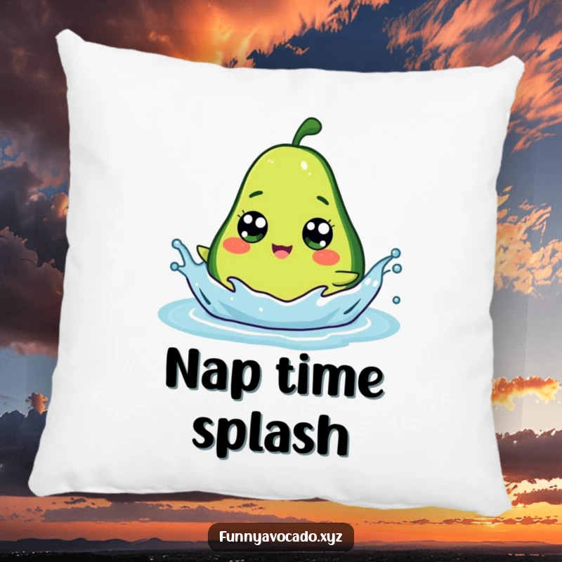 Funny avocado character with big googly eyes making a splash, a soft and humorous pillow design.
