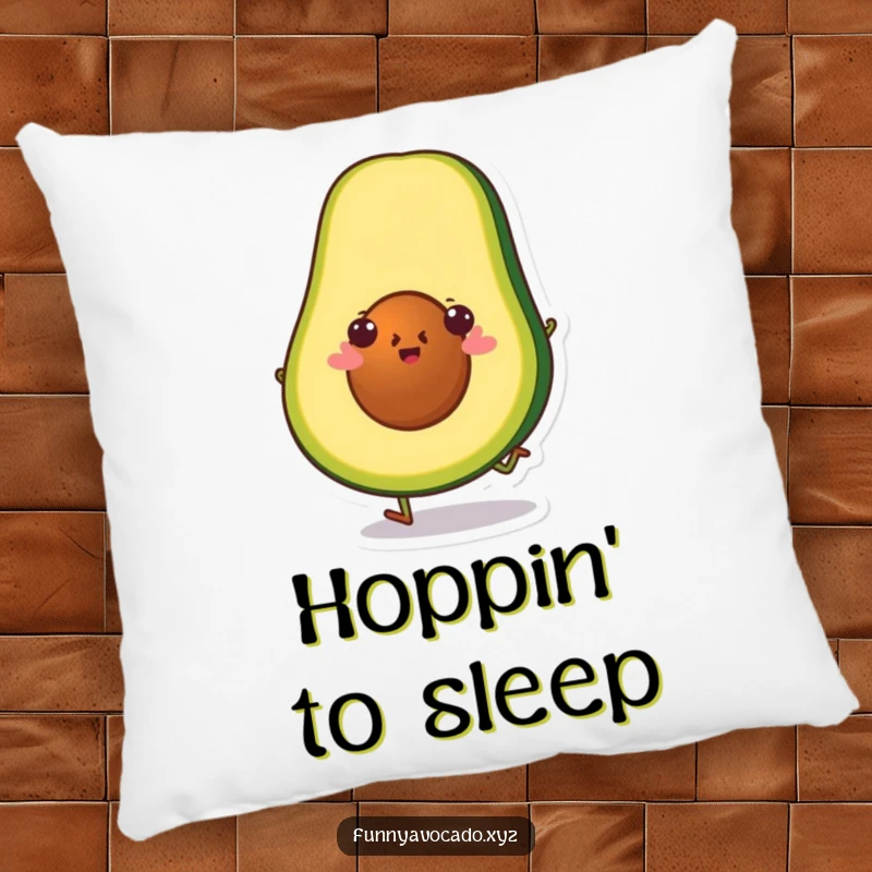 Funny avocado slice character doing a little hop, a soft and humorous pillow design.