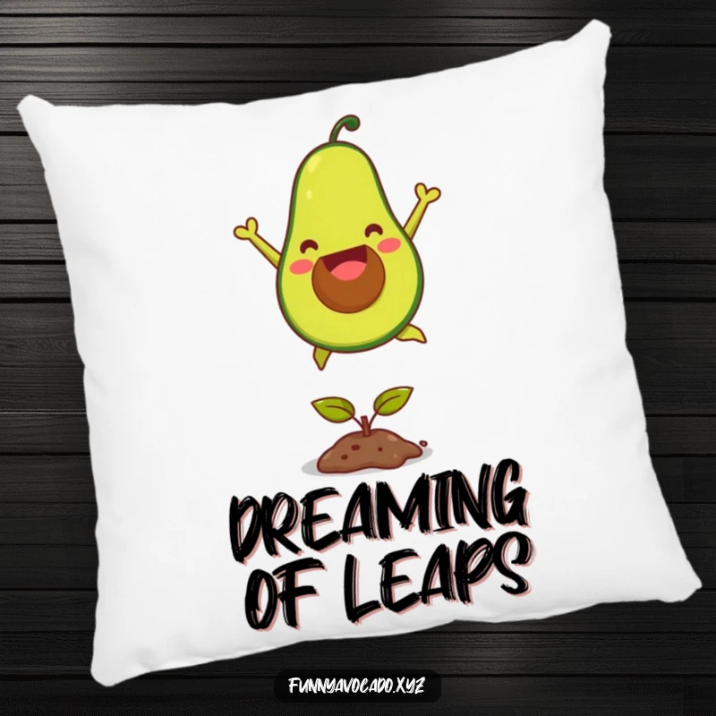 Funny joyful avocado pillow, nestled comfortably while depicted mid-jump over a seedling, a soft and humorous decor item.