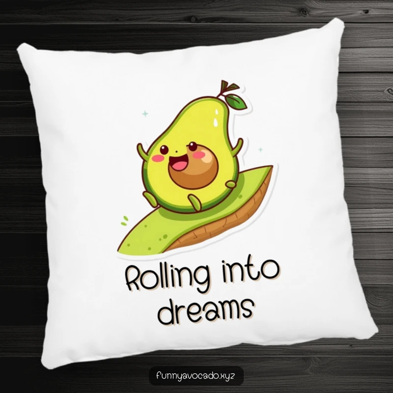 Funny avocado character joyfully rolling down a hill, a soft and humorous pillow design.