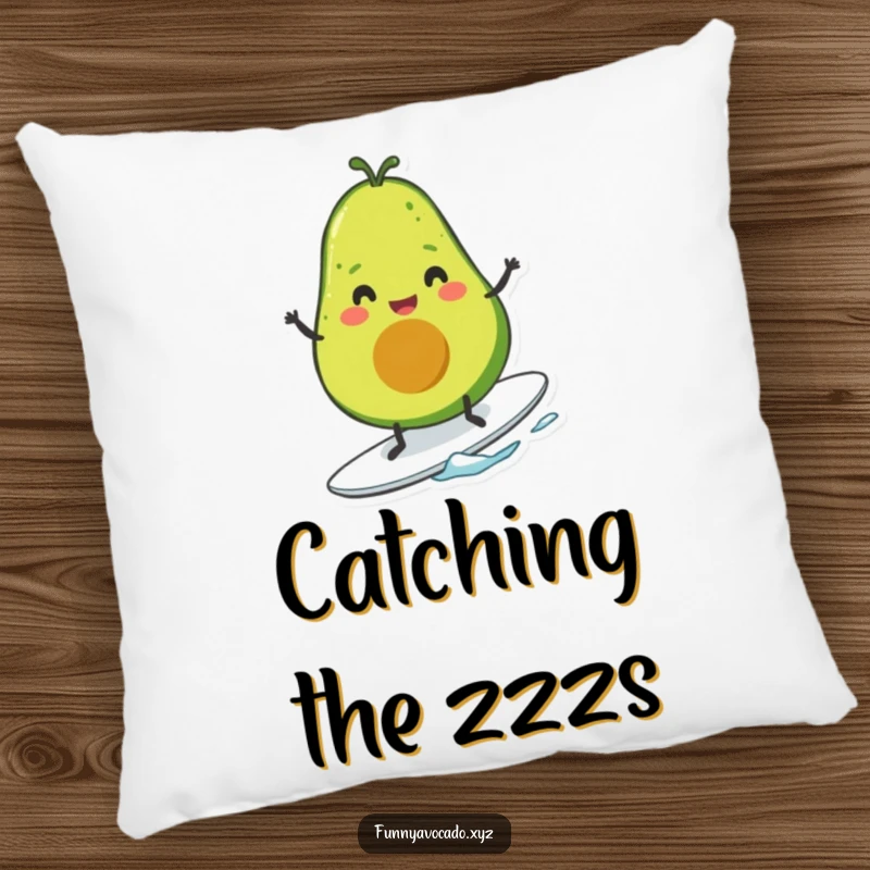 Funny smiling avocado with tiny legs frolicking on a surfboard, a plush and humorous pillow design.