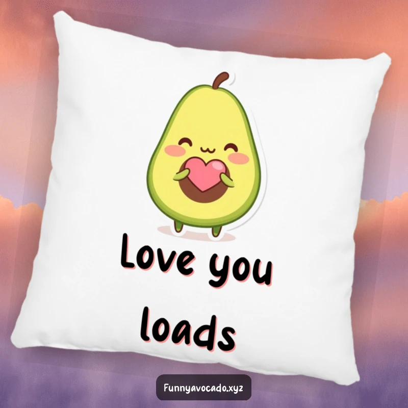 Funny pillow featuring a blushing avocado character offering a tiny heart-shaped seed, perfect for cozy affection.