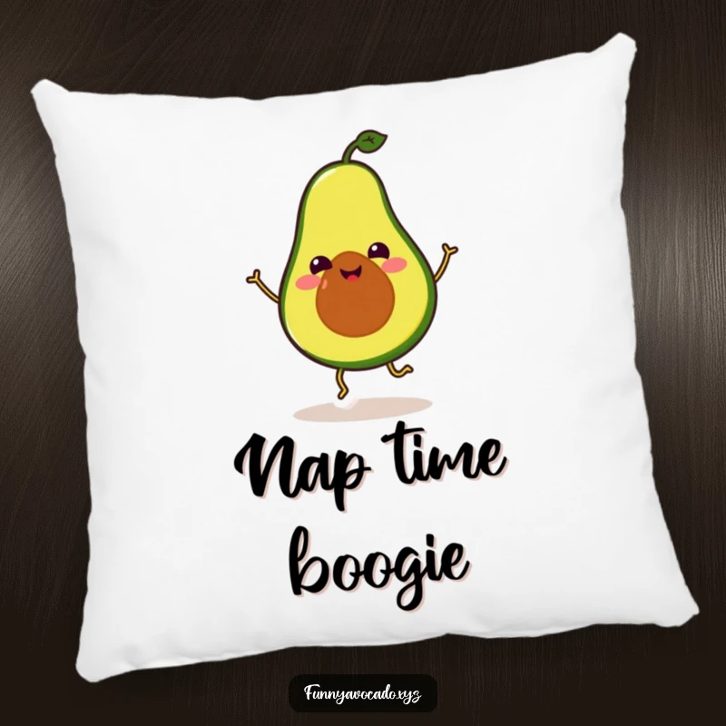 Funny Avocado Pillow: A soft pillow showcasing a smiling avocado with tiny legs, performing a funny and joyful dance.