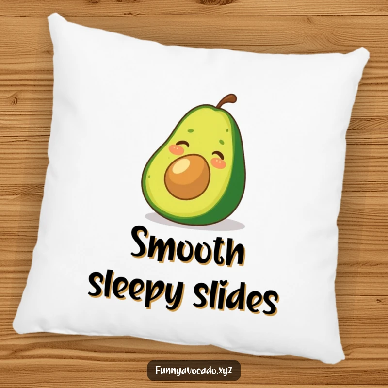 Funny Avocado Pillow: A soft pillow showcasing a giggling avocado sliding down a green peel, a humorous and comfortable addition.