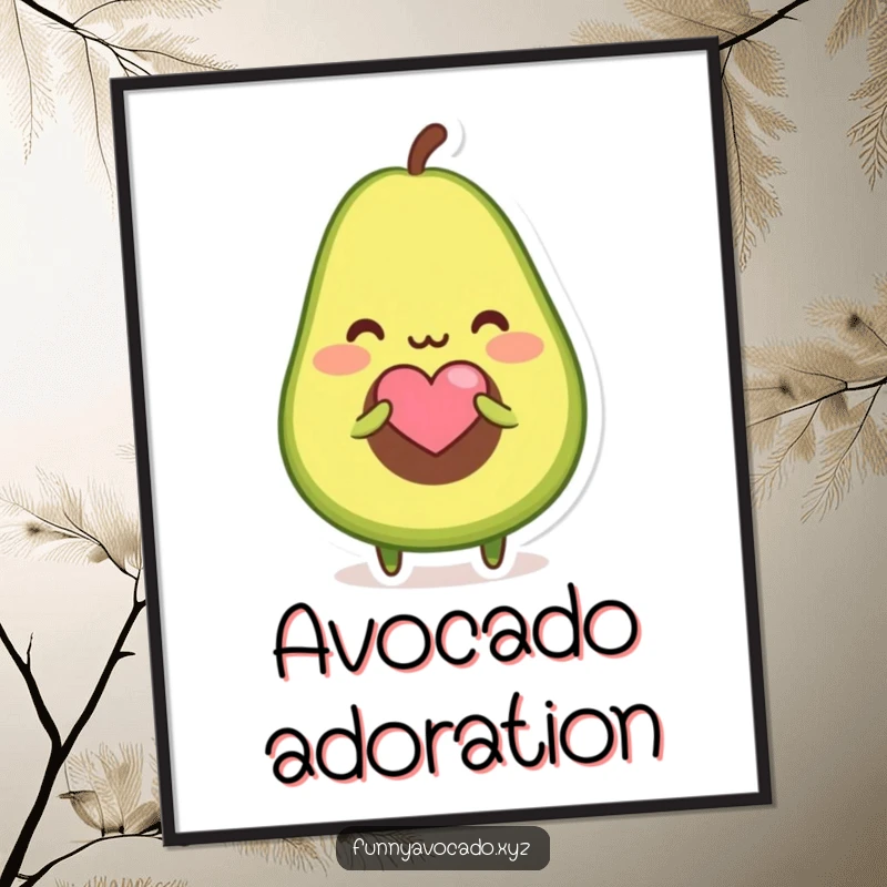 Funny digital art print of a blushing avocado character offering a tiny heart-shaped seed, perfect for romantic decor.