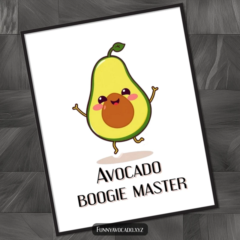 Funny Avocado Digital Art Print: A smiling avocado with small legs performing a silly dance, ready to bring funny joy.
