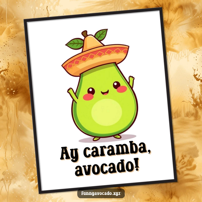 Funny avocado character balancing a miniature sombrero in a digital art print, whimsical and colorful, perfect as a funny gift.