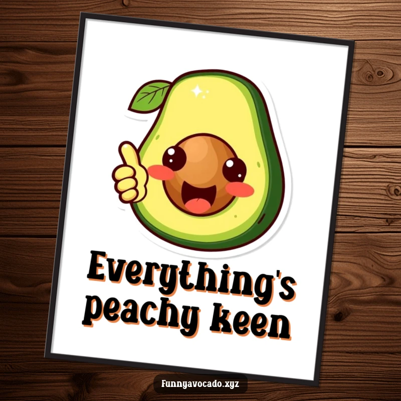 Funny cute avocado character digital art, its pit giving a thumbs up, a humorous and positive piece of decor, a great funny gift.