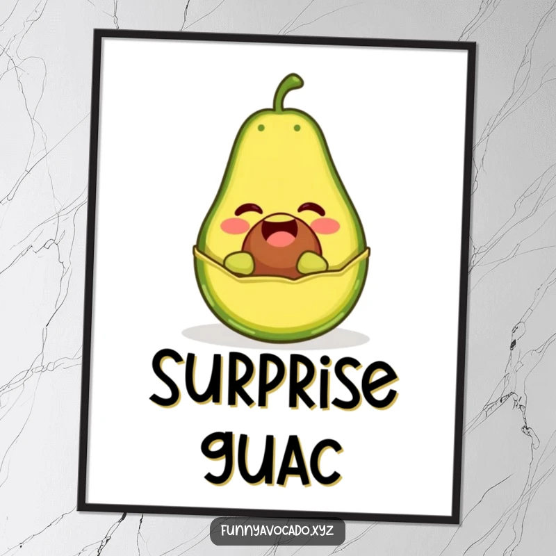 Funny digital art print of a giggling avocado character popping out of its peel like a jack-in-the-box, for surprise decor.