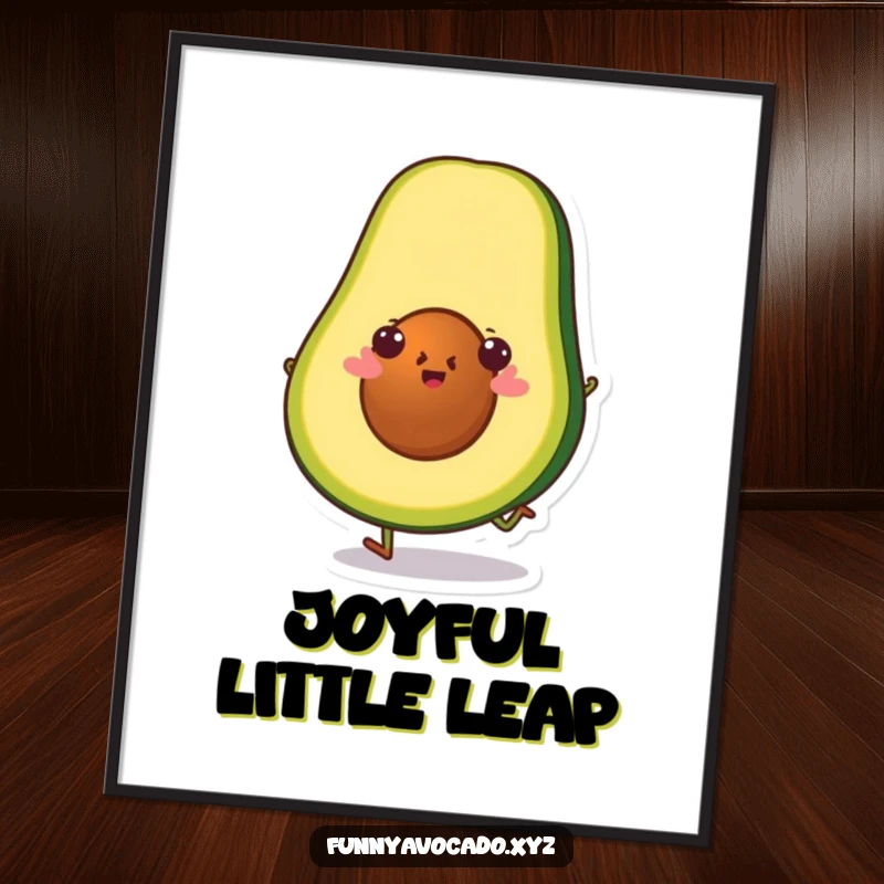 Funny avocado slice character doing a little hop with joy, high-resolution digital art for instant download.