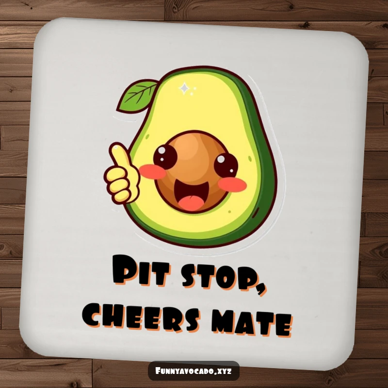 Funny cute avocado character coasters, its pit giving a thumbs up, whimsical and practical, ideal for protecting surfaces with humor.