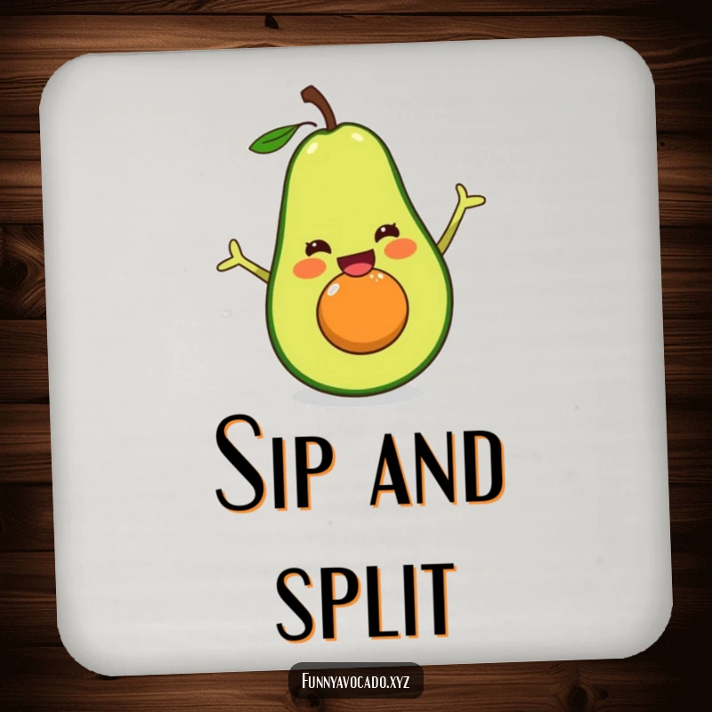 Funny excited avocado drink coasters, each showing a happy split, adding a humorous and protective touch to tabletops.