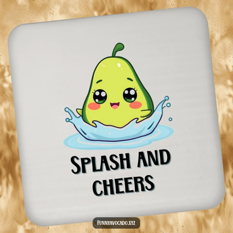 Funny avocado with big googly eyes splashing, a protective and humorous drink coaster.