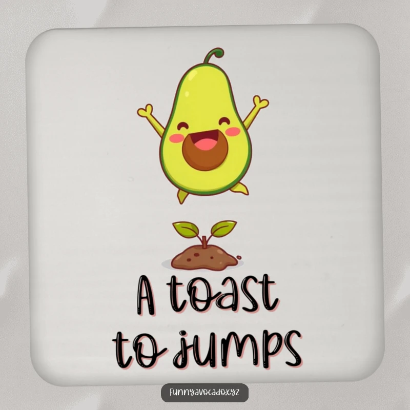 Funny joyful avocado drink coasters, each showing a happy jump over a seedling, adding humorous protection to surfaces.