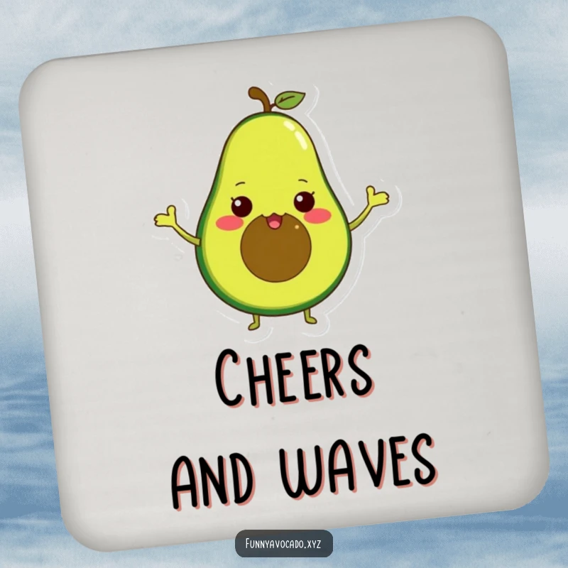 Funny avocado with tiny arms waving excitedly, a protective and humorous drink coaster.