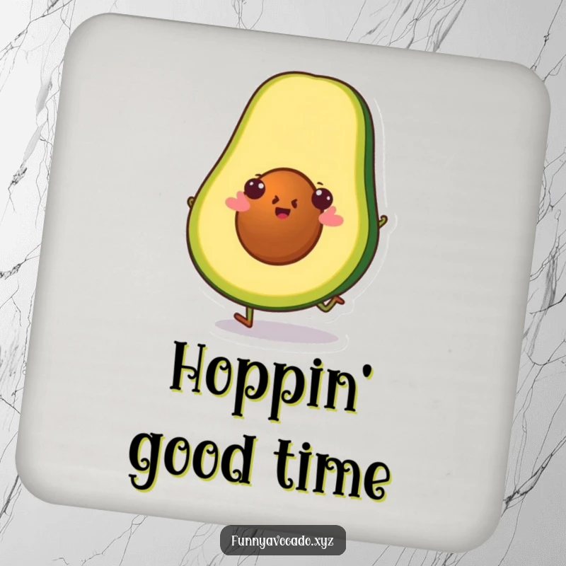 Funny avocado slice character doing a little hop, a protective and humorous drink coaster.