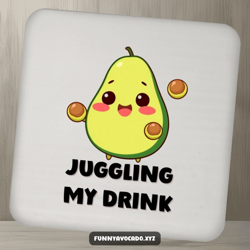 Funny Avocado Coaster: A cheerful avocado juggling two pits, a humorous and protective surface.